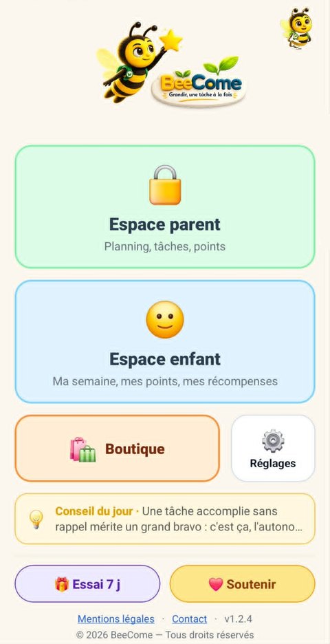 Écran d'accueil de l'application BeeProud : espace parent, espace enfant, boutique, réglages